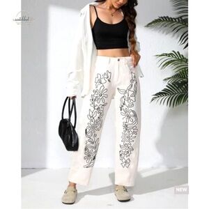 Embroidered Floral High-Waist cream Barrel cotton Jeans size Medium